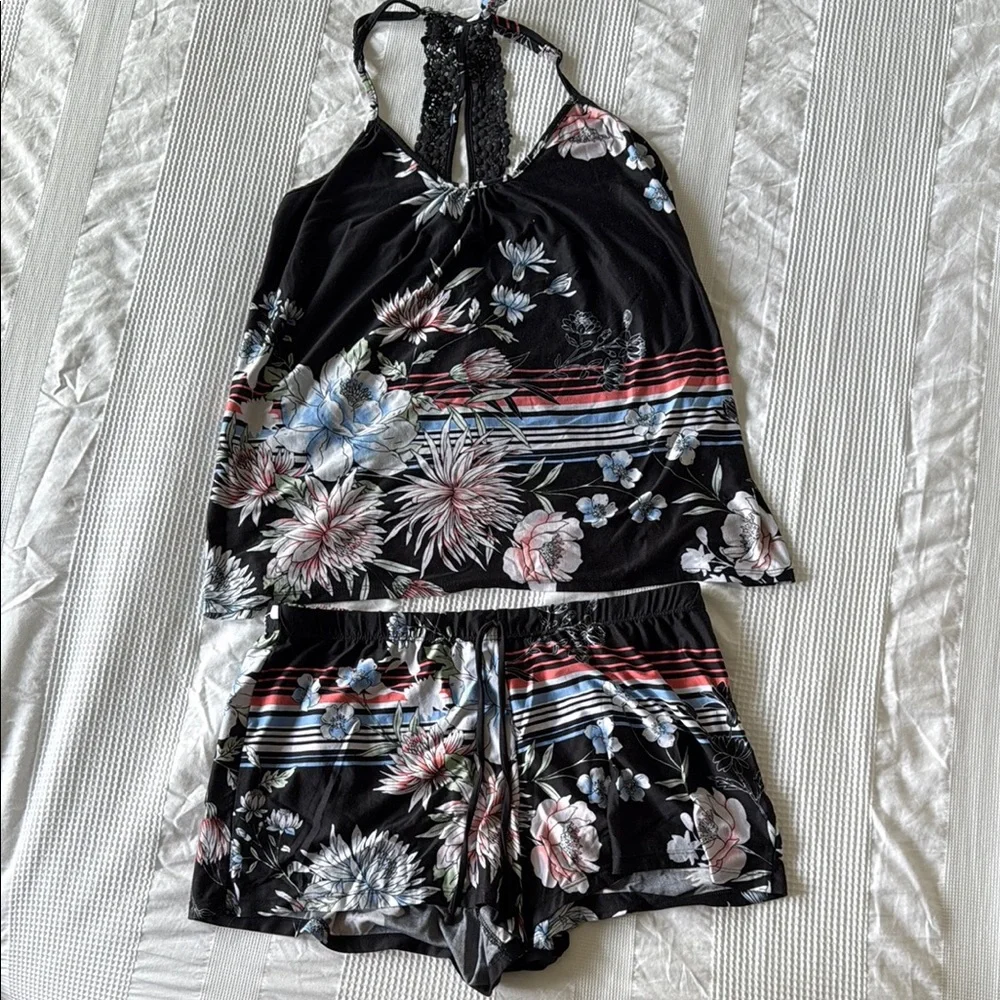 Linea Donatella Black and Pink Floral Pajama Set
